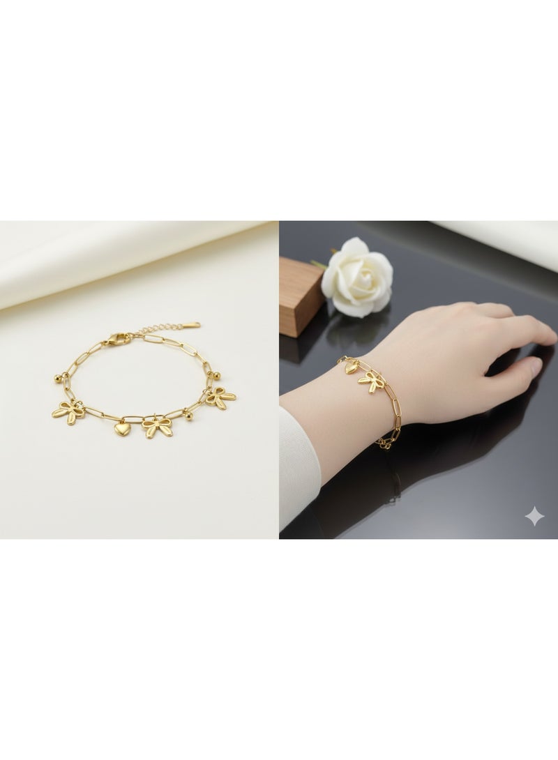 Gold-Plated Stainless Steel Bow & Heart Charm Bracelet - Image 2