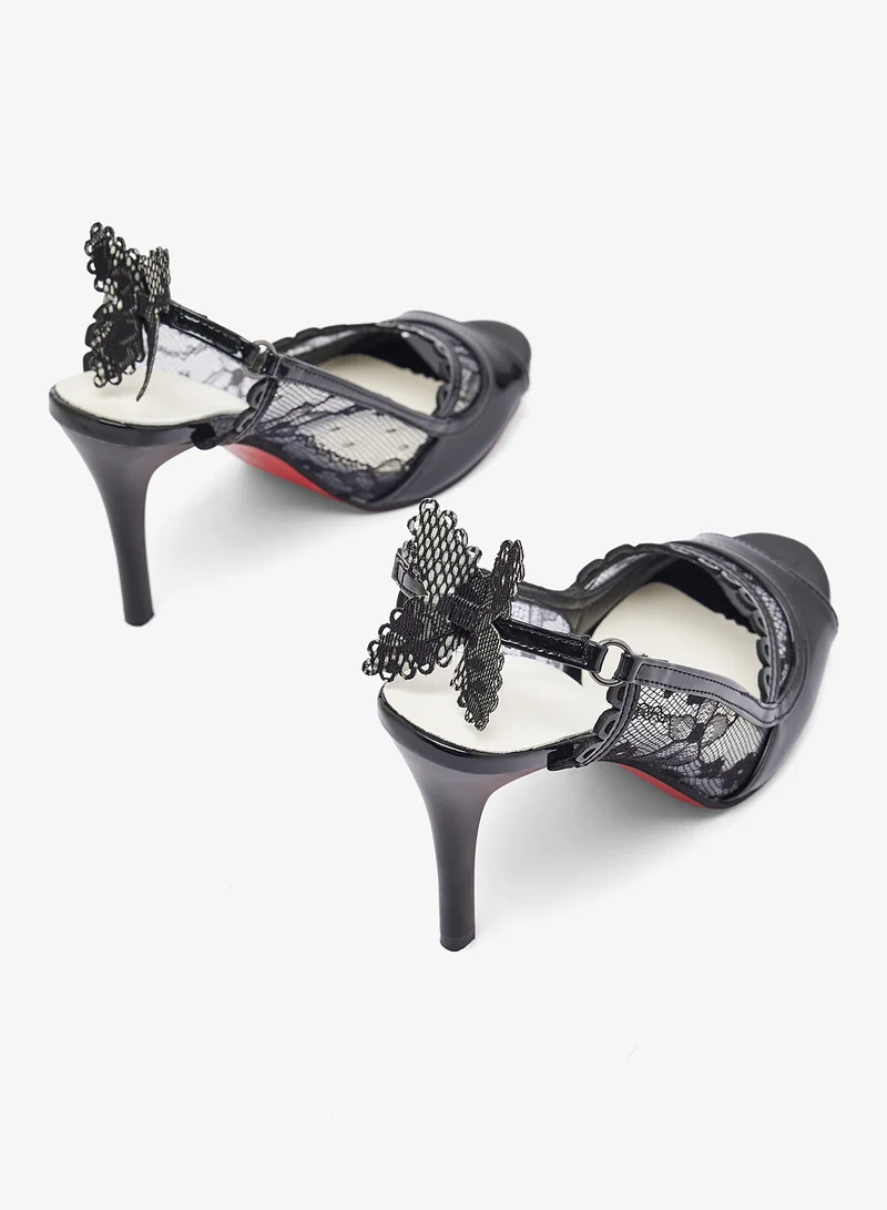 Namshi x Black Mesh Detail High Heel Stiletto Sandals With Butterfly Detail for Women | Best Price UAE