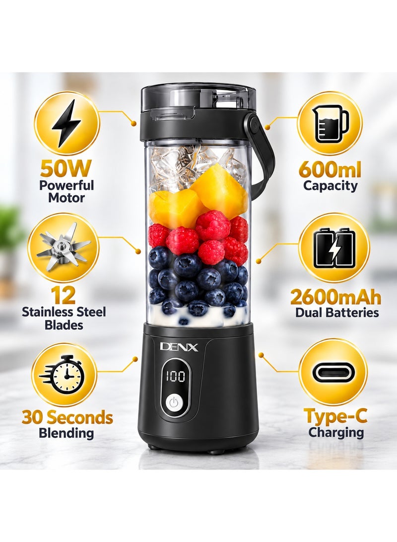 دينكس DENX DX3227 خلاط محمول لاسلكي Portable Blender 600 مل، بلندر وعصارة شخصية قابلة للشحن Type-C، 50 واط، 12 شفرة ستانلس ستيل، للسموذي والعصائر والبروتين شيك، للجيم والسفر والمكتب - Image 2