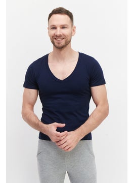 Men 2 Piece V-Neck Short Sleeve Solid Undershirt, Navy