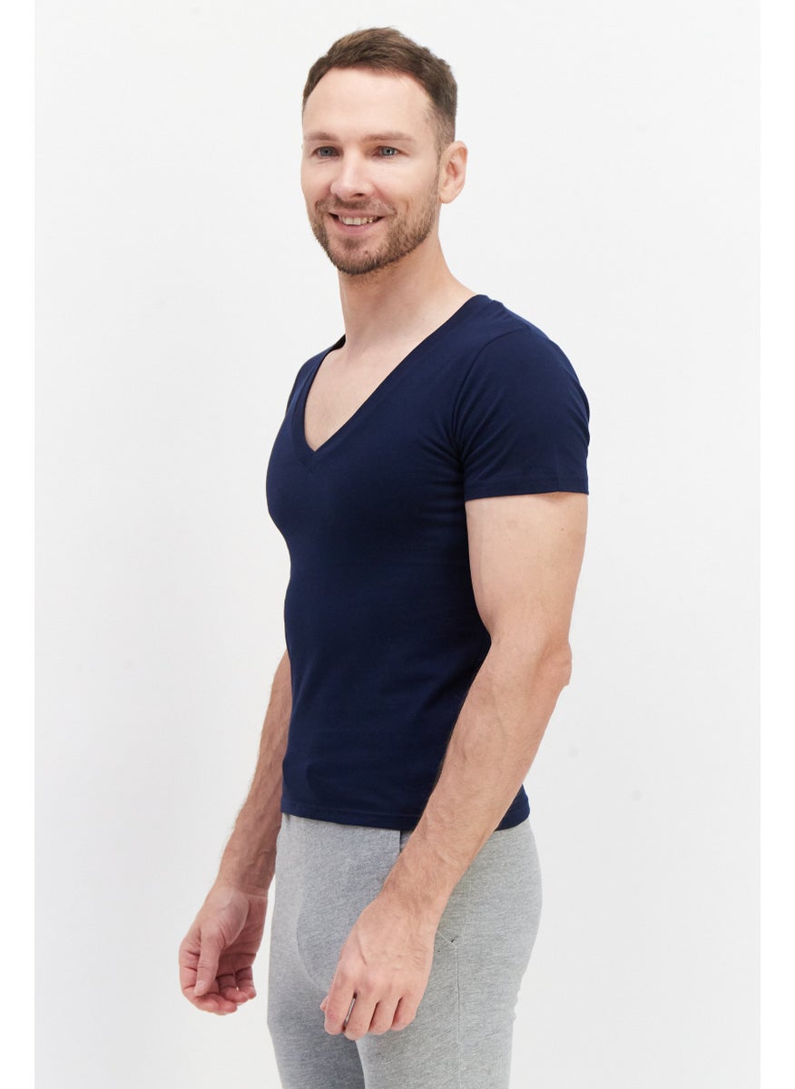 YOTO - Men 2 Piece V-Neck Short Sleeve Solid Undershirt, Navy - Image 1