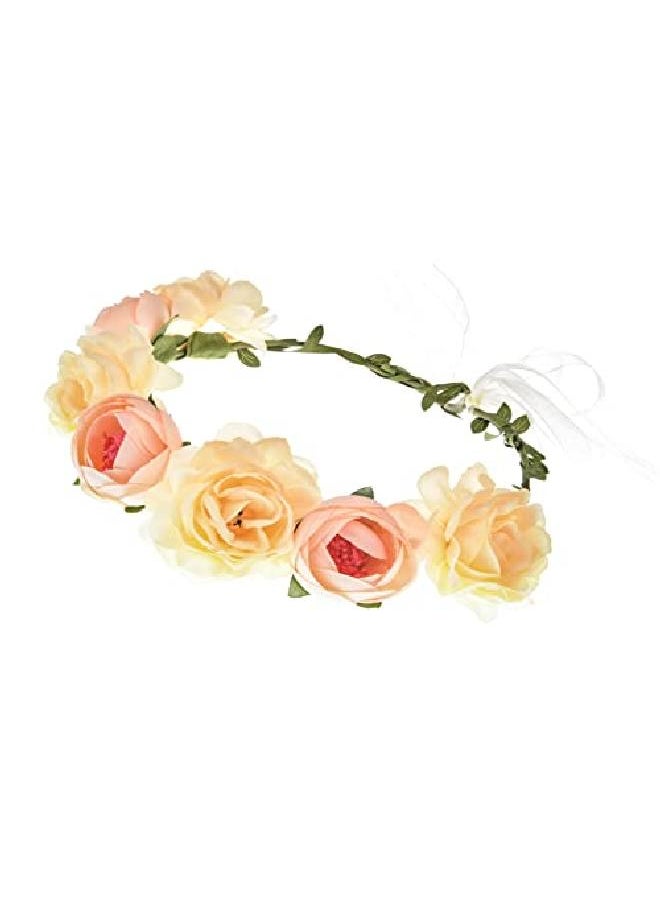 June Bloomy - Women Rose Floral Crown Hair Wreath Leave Flower Headband With Adjustable Ribbon (Champagne) - Image 1