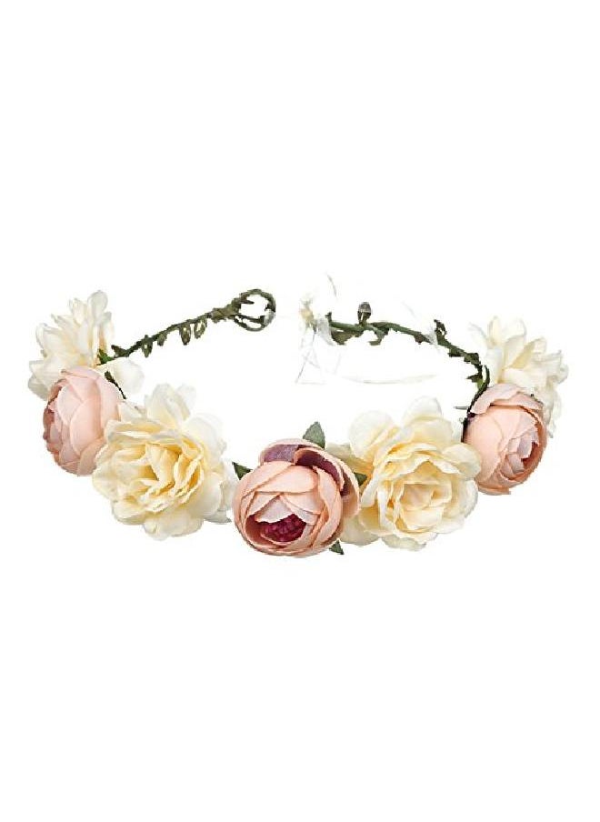 June Bloomy - Women Rose Floral Crown Hair Wreath Leave Flower Headband With Adjustable Ribbon (Champagne) - Image 1
