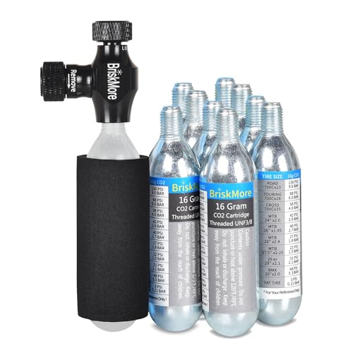 BriskMore CO2 Inflator Kits with 9 X 16g CO2 Cartridges for Bike Tires, Presta and Schrader Valve Compatible, Bike Tire Pump for Mountain and Road Bicycles, Included Insulated Sleeve - Image 1