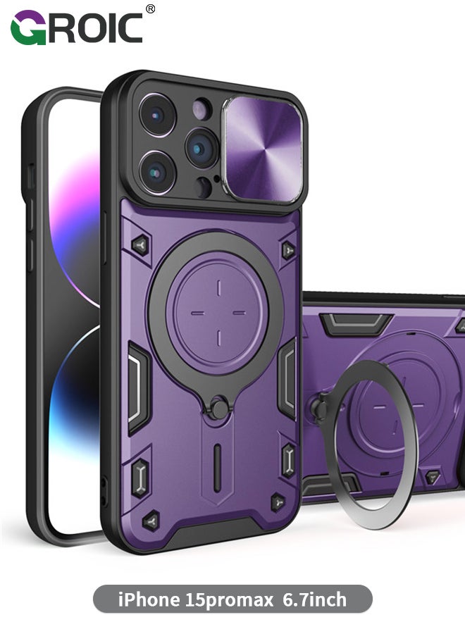 GROIC Magnetic Case for iPhone 15 Pro Max 6.7" Case with Slide Camera Cover & 360° Invisible Magnetic Ring Stand, Compatible with MagSafe, Full Camera Lens Protection,Anti-Fingerprint, Shockproof Protective  - Image 1