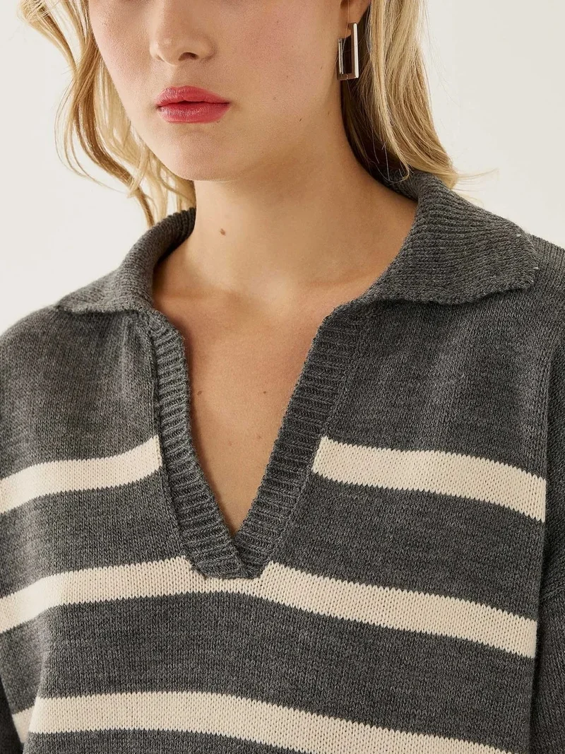 HICCUP Grey Striped Polo Collar Knit Sweater for Women | Best Price UAE