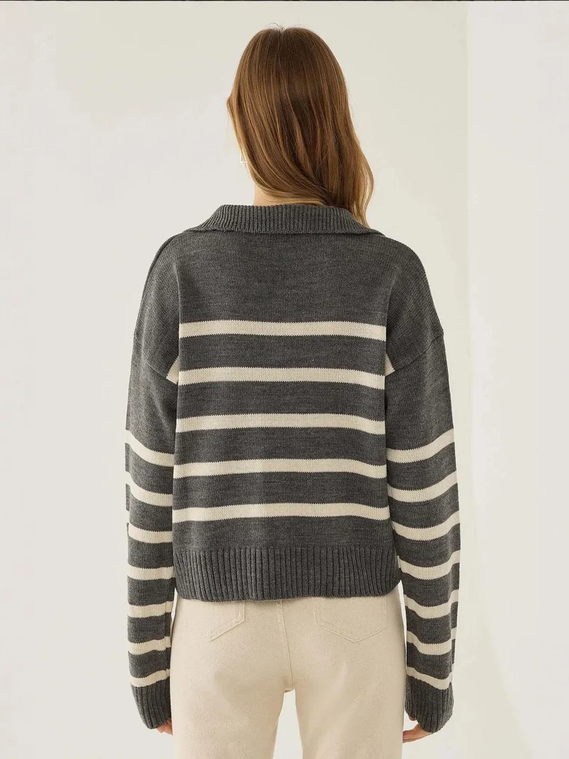 HICCUP Grey Striped Polo Collar Knit Sweater for Women | Best Price UAE
