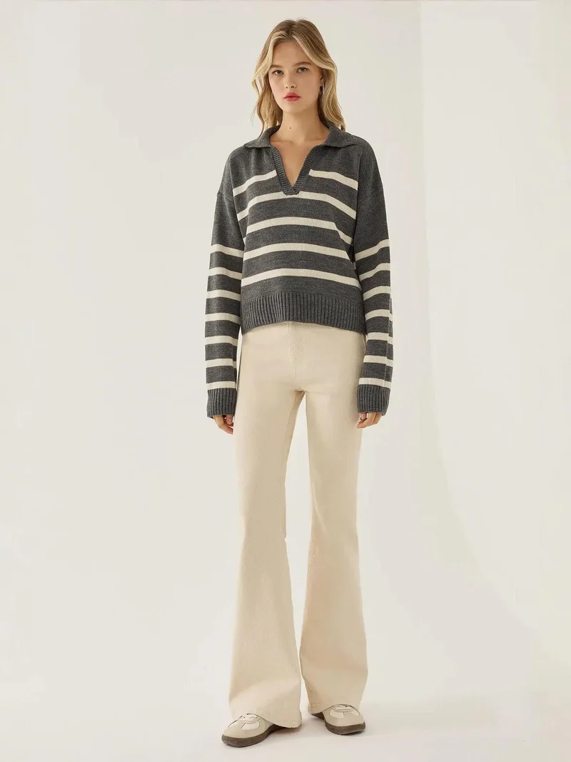 HICCUP Grey Striped Polo Collar Knit Sweater for Women | Best Price UAE