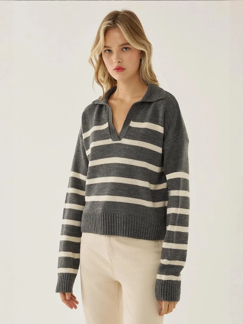 HICCUP Grey Striped Polo Collar Knit Sweater for Women | Best Price UAE