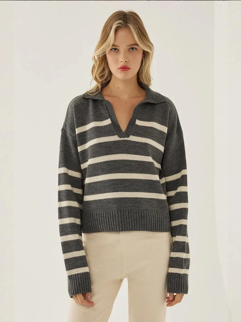 Striped Polo Collar Knit Sweater