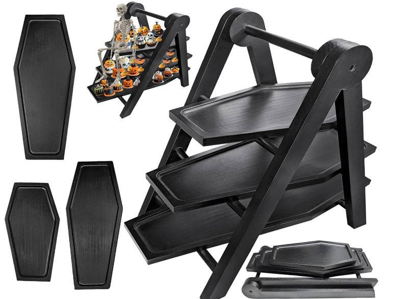 TOSOENPHY Gothic Home Decor - Wooden Black 3 Tiered Coffin Tray for Goth Kitchen Veggies Fruits, Goth Party Wedding Dessert Cupcake Stand, Afternoon Tea Coffin Shelf - Image 1