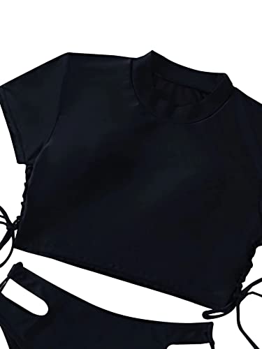 Lilosy Drawstring Bikini Set Srting Swimsuit Short Sleeve Top and Tie Side Bottom 2 Piece Women Bathing Suit Black Medium - Image 4