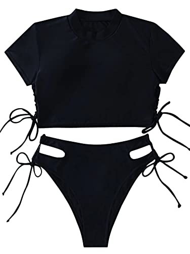 Lilosy Drawstring Bikini Set Srting Swimsuit Short Sleeve Top and Tie Side Bottom 2 Piece Women Bathing Suit Black Medium - Image 2