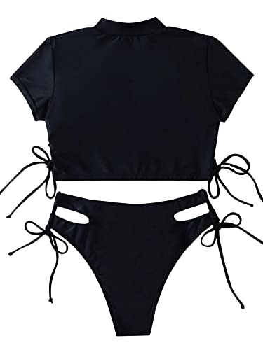 Lilosy Drawstring Bikini Set Srting Swimsuit Short Sleeve Top and Tie Side Bottom 2 Piece Women Bathing Suit Black Medium - Image 3