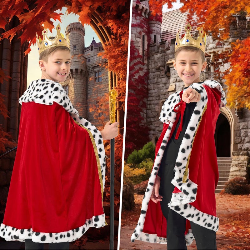 FUUNTATO King Costume For Boys Red Royal Kingâ€™s Cloak with Crown And Scepter Set Luxurious Velvet Cape with Faux Fur Trim - Image 4
