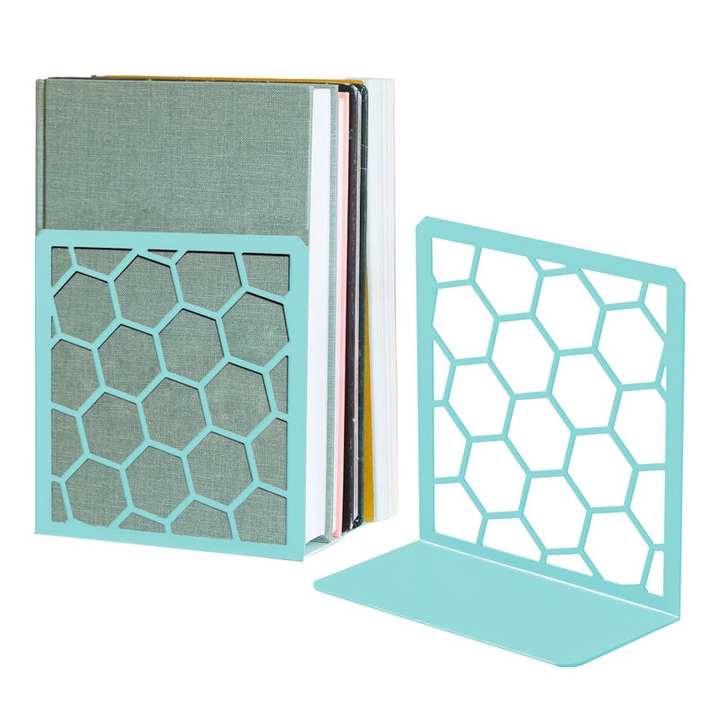 GEOMOD Geometric Honeycomb Turquoise Metal Bookends Decorative Tall Sturdy Book Ends for Shelves Modern Heavy Duty Bookend Stopper Office Shelf Book Holder 6x325x625 Inches 1 Pair