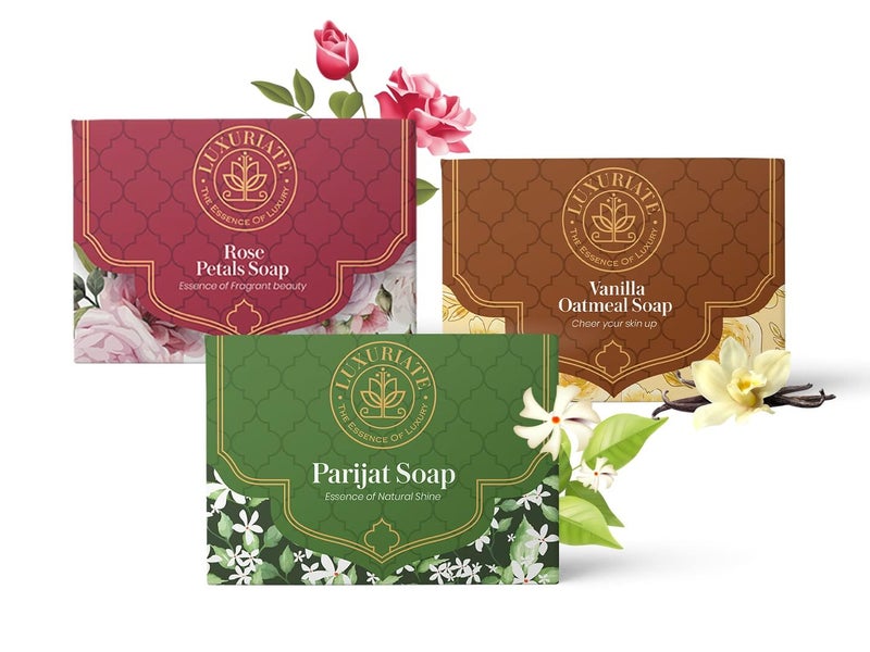 LUXURIATE Rose Soap, Vanilla Soap, Parijat Soap (125gm Pack of 3) | Luxury Premium Soap | Natural Soap | Handmade Organic Soap | Paraben & Chemical Free | Bath Soap for Men Women - Image 1