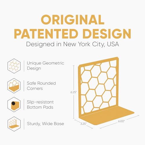 GEOMOD Geometric Honeycomb Gold Metal Bookends Decorative - Tall Sturdy Book Ends for Shelves - Modern Heavy Duty Bookend Stopper - Office or Home Book Shelf Book Holder - 6x3.25x6.25 Inches - 1 Pair - Image 2