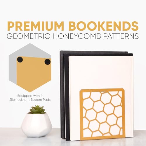 GEOMOD Geometric Honeycomb Gold Metal Bookends Decorative - Tall Sturdy Book Ends for Shelves - Modern Heavy Duty Bookend Stopper - Office or Home Book Shelf Book Holder - 6x3.25x6.25 Inches - 1 Pair - Image 3