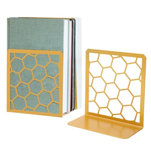 GEOMOD Geometric Honeycomb Gold Metal Bookends Decorative - Tall Sturdy Book Ends for Shelves - Modern Heavy Duty Bookend Stopper - Office or Home Book Shelf Book Holder - 6x3.25x6.25 Inches - 1 Pair - Image 1