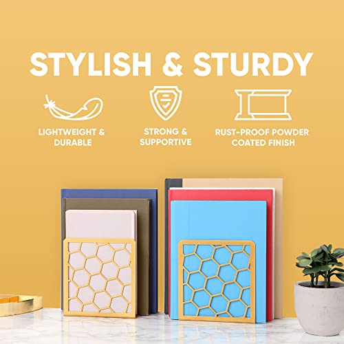 GEOMOD Geometric Honeycomb Gold Metal Bookends Decorative - Tall Sturdy Book Ends for Shelves - Modern Heavy Duty Bookend Stopper - Office or Home Book Shelf Book Holder - 6x3.25x6.25 Inches - 1 Pair - Image 4
