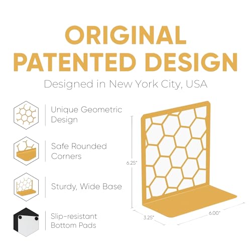 GEOMOD Geometric Honeycomb Gold Metal Bookends Decorative - Tall Sturdy Book Ends for Shelves - Modern Heavy Duty Bookend Stopper - Office or Home Book Shelf Book Holder - 6x3.25x6.25 Inches - 1 Pair - Image 5