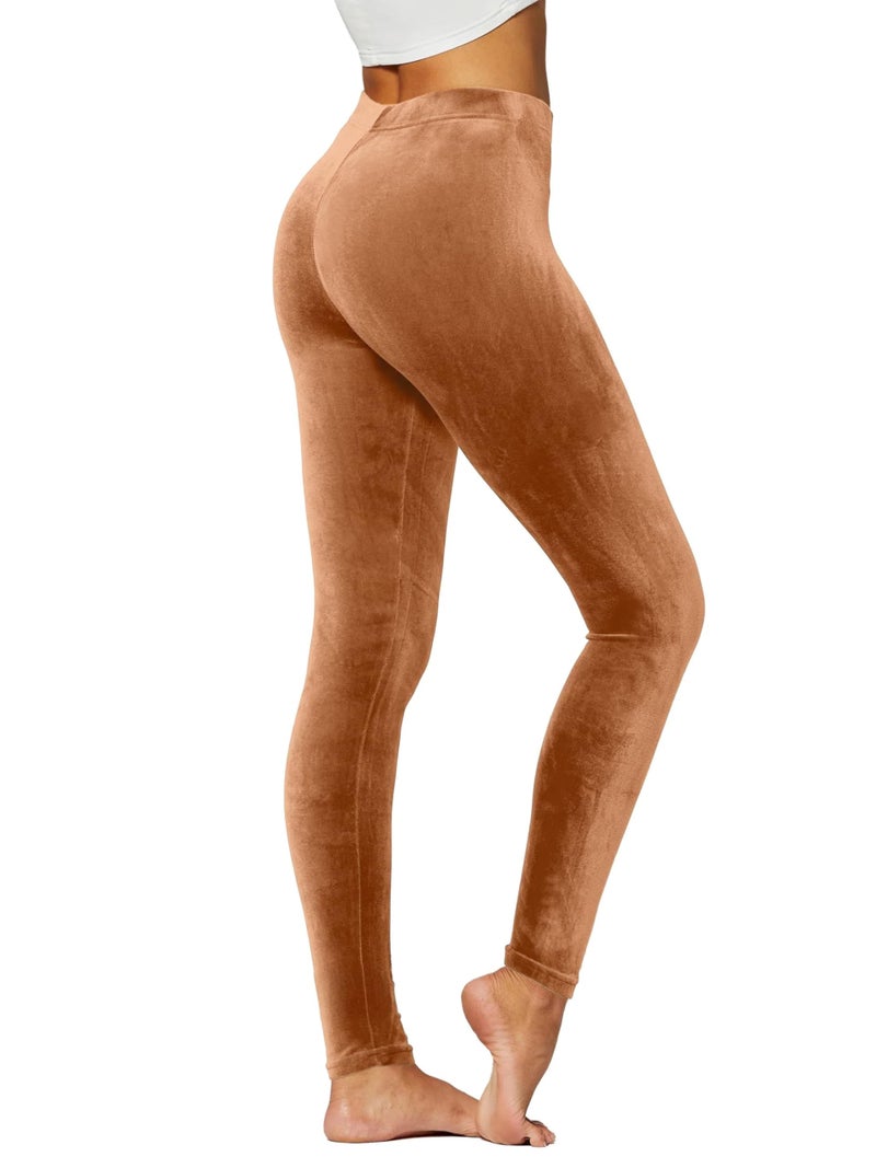 Conceited Velvet Leggings for Women - Soft Warm Velour Pants - Tan/Camel - Large - Image 1