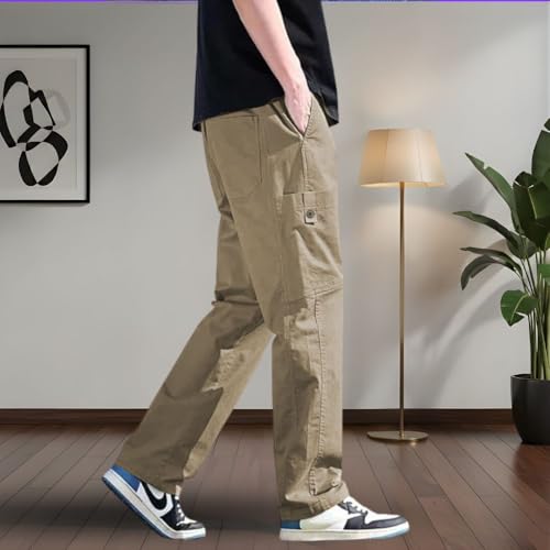 SMOWKLY Men’s Cotton Cargo Pants|Casual Trousers for Men|Comfortable Lower for Men|Pants for Man with 6 Pockets & Drawstring Elastic Waistband|Outdoor Trousers (1685_CK_32) Beige - Image 3