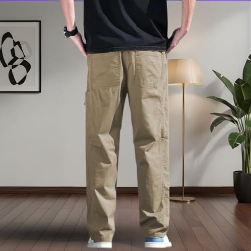 SMOWKLY Men’s Cotton Cargo Pants|Casual Trousers for Men|Comfortable Lower for Men|Pants for Man with 6 Pockets & Drawstring Elastic Waistband|Outdoor Trousers (1685_CK_32) Beige - Image 2