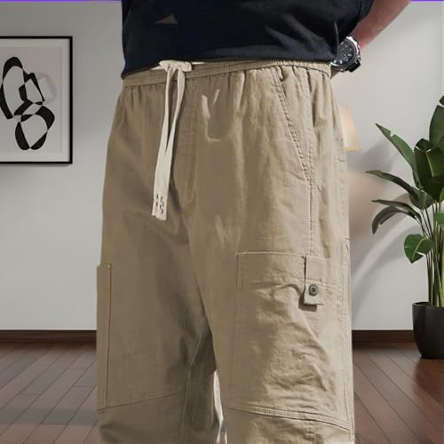 SMOWKLY Men’s Cotton Cargo Pants|Casual Trousers for Men|Comfortable Lower for Men|Pants for Man with 6 Pockets & Drawstring Elastic Waistband|Outdoor Trousers (1685_CK_32) Beige - Image 4