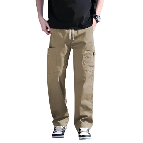 SMOWKLY Men’s Cotton Cargo Pants|Casual Trousers for Men|Comfortable Lower for Men|Pants for Man with 6 Pockets & Drawstring Elastic Waistband|Outdoor Trousers (1685_CK_32) Beige - Image 1