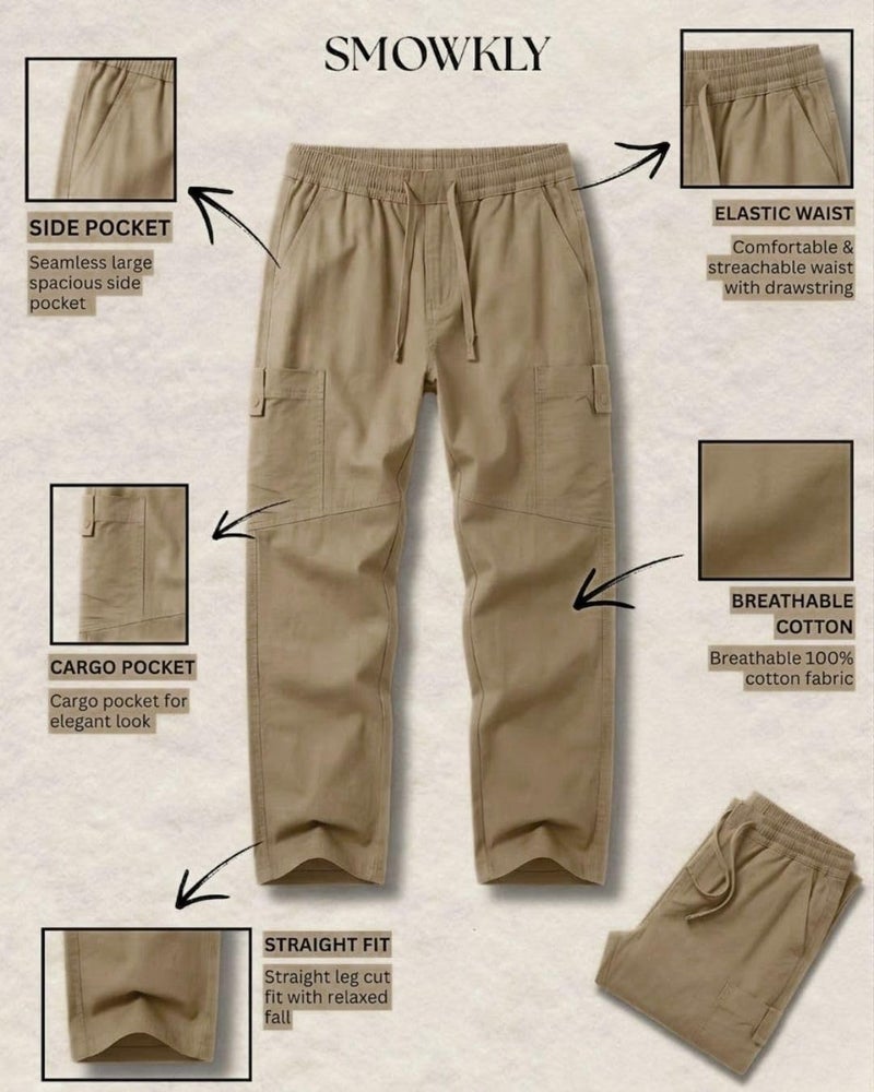 SMOWKLY Men’s Cotton Cargo Pants|Casual Trousers for Men|Comfortable Lower for Men|Pants for Man with 6 Pockets & Drawstring Elastic Waistband|Outdoor Trousers (1685_CK_32) Beige - Image 5
