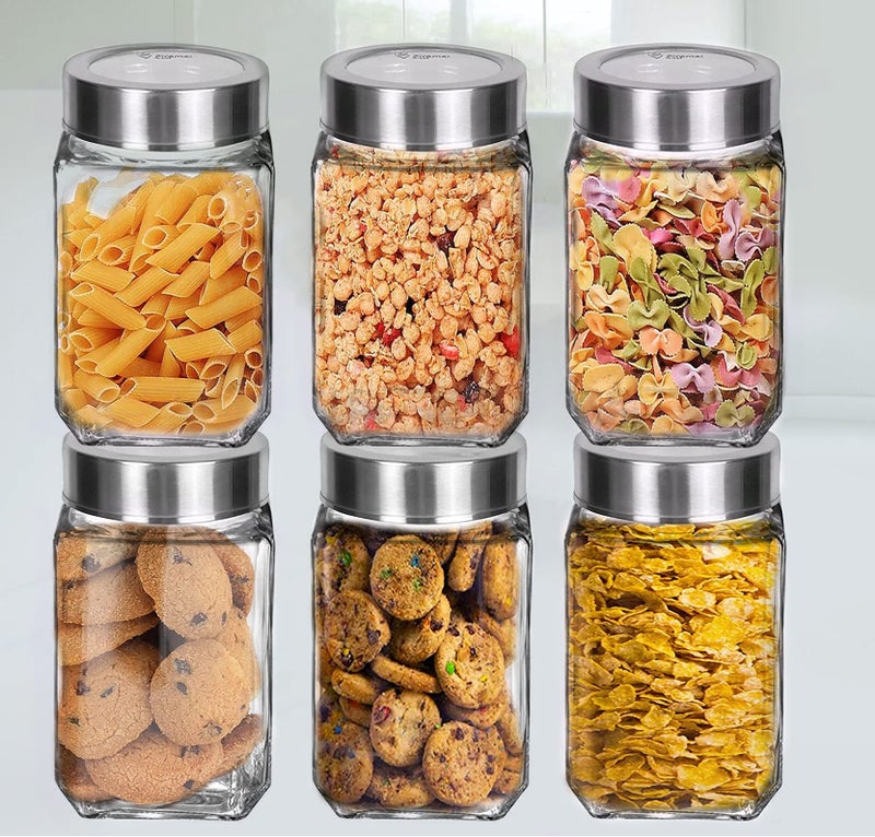 Brezzycloud Piraml Glass Cubical Square Transparent Glass Jars & Containers for Kitchen Pantry, Masala, Honey, Jams, Pickles, Cookies, Dry Fruits, Coffee Beans Storage with Lid (300ml, Set Of 6) - Image 1