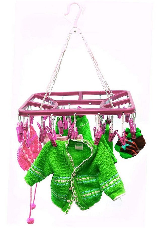 Kuber Industries Kuber Industries Baby Clothes Hanger Rack|360 Degree Portable & Rotatable Clips|32 Clips Cloth Drying Hanger|Space Saving Travel & Durable Plastic (Pink)  - Image 4