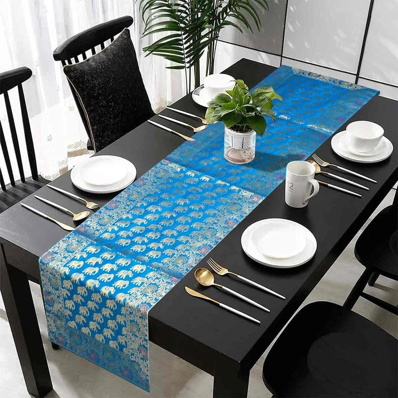 E - Ezra E Ezra Table Decor Banarasi Silk Runner Indian Ethnic Table Centerpiece Elephant Silk Gold Tablecloth 60x16 Dinning Table Runner Turquoise - Image 1