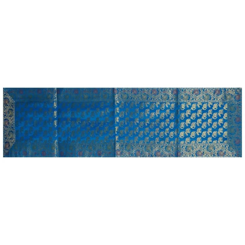 E - Ezra E Ezra Table Decor Banarasi Silk Runner Indian Ethnic Table Centerpiece Elephant Silk Gold Tablecloth 60x16 Dinning Table Runner Turquoise - Image 3