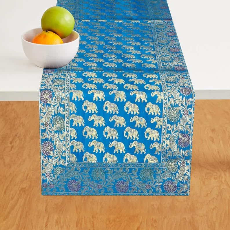 E - Ezra E Ezra Table Decor Banarasi Silk Runner Indian Ethnic Table Centerpiece Elephant Silk Gold Tablecloth 60x16 Dinning Table Runner Turquoise - Image 2