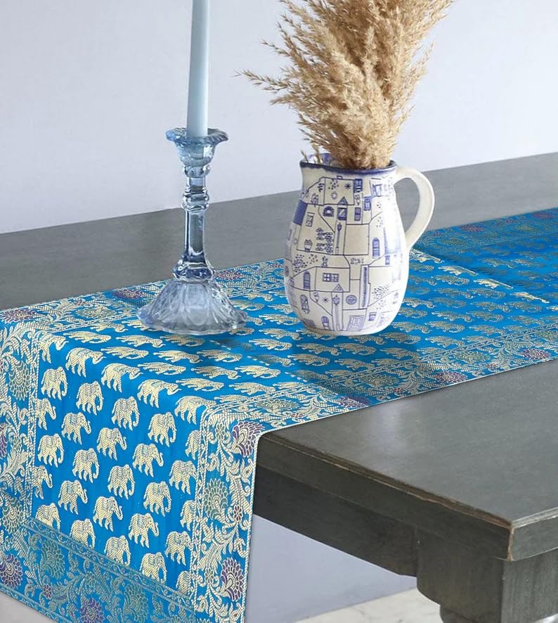 E - Ezra E Ezra Table Decor Banarasi Silk Runner Indian Ethnic Table Centerpiece Elephant Silk Gold Tablecloth 60x16 Dinning Table Runner Turquoise - Image 5