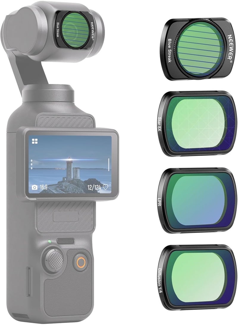 NEEWER Magnetic Effect Filter Set Compatible with DJI OSMO Pocket 3 Pocket 4 Creator Combo Accessories, 4 Pack 8X Star/Blue Streak Anamorphic/Light Pollution Reduction/Black Diffusion 1/4 Mist Filters - Image 1