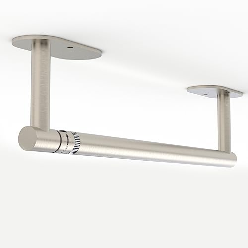 Ruacq Brushed Nickel Paper Towel Holder Self Adhesive Double Post Pivoting Round Base Under Cabinet Paper Towel Holder for Kitchen SelfAdhesive or Drill mounting