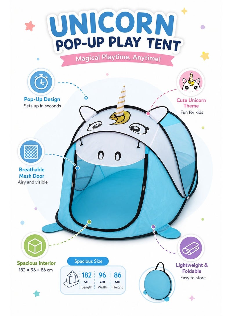 Kids Pop-Up Play Tent, Blue Animal-Themed Indoor Playhouse with Breathable Mesh Door, Foldable Portable Play Tent for Reading, Playing and Relaxing, 182 × 96 × 86 cm - Image 4