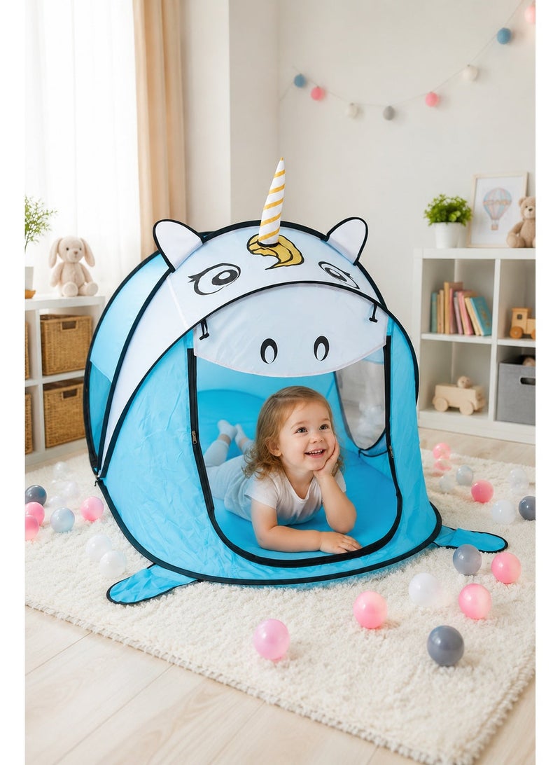 Kids Pop-Up Play Tent, Blue Animal-Themed Indoor Playhouse with Breathable Mesh Door, Foldable Portable Play Tent for Reading, Playing and Relaxing, 182 × 96 × 86 cm - Image 2
