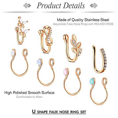 JFORYOU Nose Rings Fake 8Pcs Stainless Steel Inlaid CZ Faux Piercing Jewelry Fake Nose Ring Clip on Circle Hoop No Pierced Nose Ring Jewelry for Women Men - Image 2