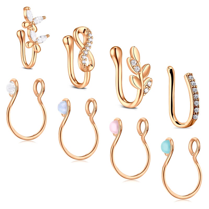 JFORYOU Nose Rings Fake 8Pcs Stainless Steel Inlaid CZ Faux Piercing Jewelry Fake Nose Ring Clip on Circle Hoop No Pierced Nose Ring Jewelry for Women Men - Image 5