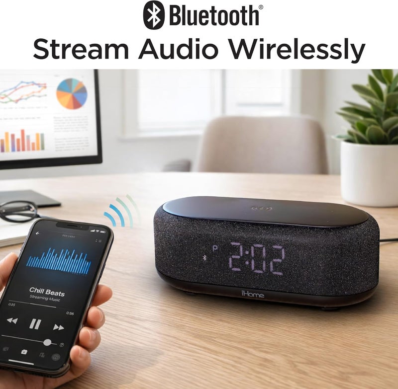 آي هوم ساعة منبه بلوتوث iHome مع شاحن لاسلكي ومحطة شحن USB، ساعة منبه رقمية لغرف النوم أو المكتب أو السكن الجامعي (iBTW112) - Image 5