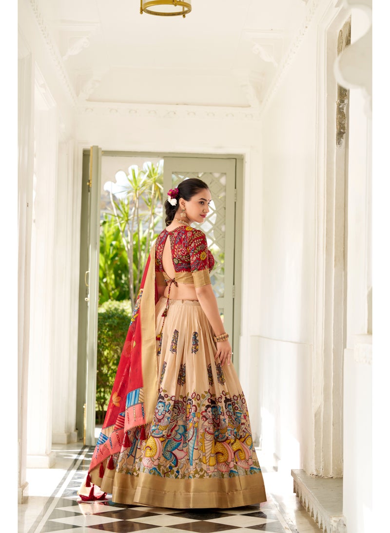 Super Asian Dola Silk Kalamkari Print Lehenga Set with Weaving Border & Tassel Dupatta | Stitched Lehenga + Unstitched Blouse  - Image 2