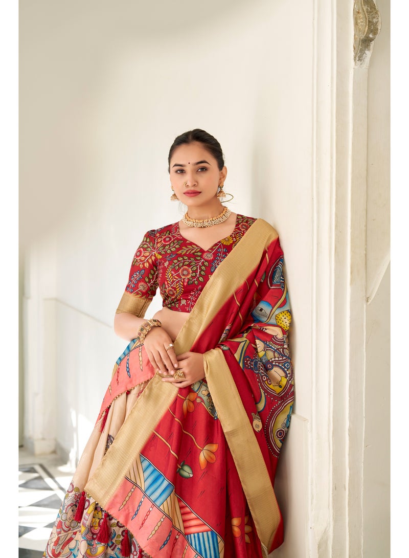 Super Asian Dola Silk Kalamkari Print Lehenga Set with Weaving Border & Tassel Dupatta | Stitched Lehenga + Unstitched Blouse  - Image 4