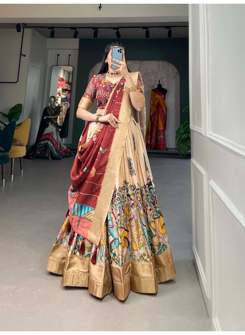 Super Asian Dola Silk Kalamkari Print Lehenga Set with Weaving Border & Tassel Dupatta | Stitched Lehenga + Unstitched Blouse  - Image 5