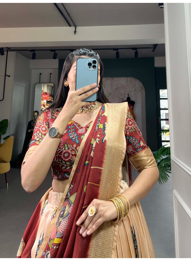 Super Asian Dola Silk Kalamkari Print Lehenga Set with Weaving Border & Tassel Dupatta | Stitched Lehenga + Unstitched Blouse  - Image 3