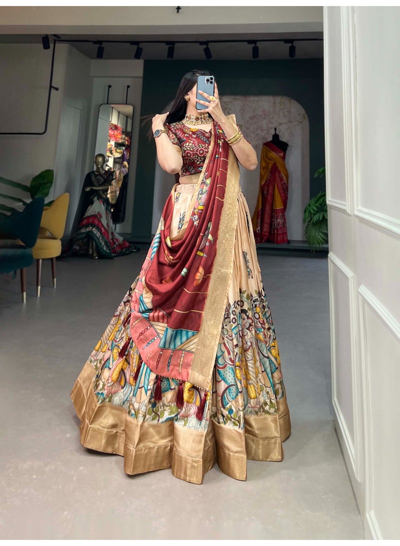Super Asian Dola Silk Kalamkari Print Lehenga Set with Weaving Border & Tassel Dupatta | Stitched Lehenga + Unstitched Blouse  - Image 1